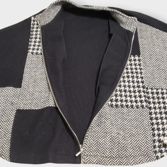 SOLD-Katie Todd Felted Wool Zip Up Cape Sz S/M Houndstooth Herringbone Patch - Picture 9 of 11